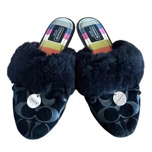 Coach Carra Black Logo Furry Slippers Size 6B